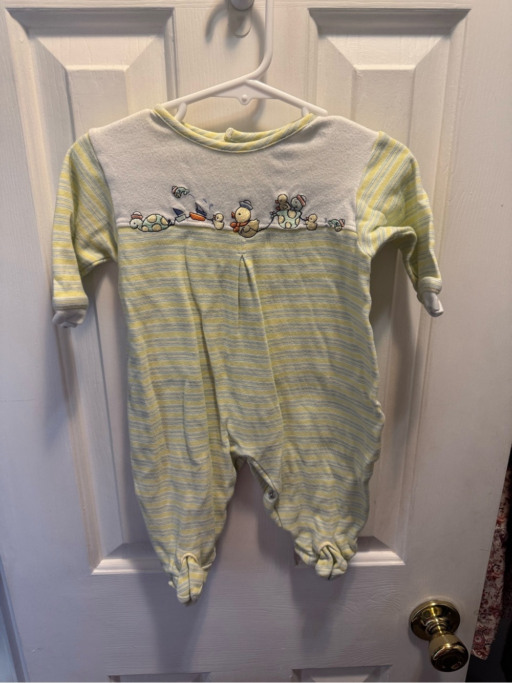 Vintage kids yellow Striped Baby One-Piece with Animal Embroidery